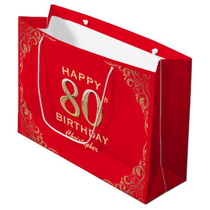 80th Birthday Party Red and Gold Glitter Frame Large Gift Bag