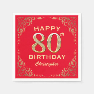80th Birthday Party Red and Gold Glitter Frame Napkin