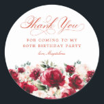 80th Birthday Party Red Pink Floral Thank You Classic Round Sticker<br><div class="desc">Add a special touch to your 80th birthday party favours with this elegant round thank you sticker. It features a watercolor red rose and pink peony floral border along the bottom. Dark green leaves give it a rustic botanical vibe. Thank you is written in a beautiful classic script. Two lines...</div>