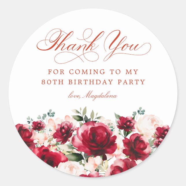 80th Birthday Party Red Pink Floral Thank You Classic Round Sticker (Front)