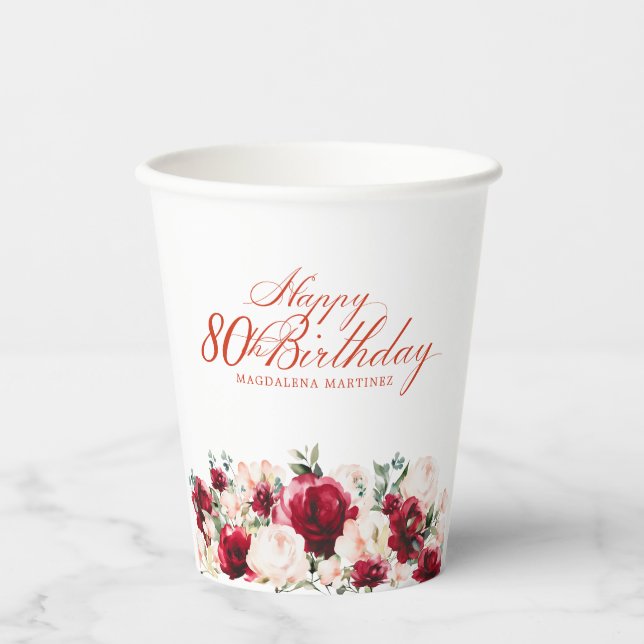 80th Birthday Party Red Rose Pink Peony Custom Paper Cups (Front)