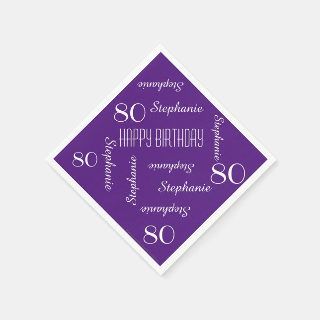 80th Birthday Party Repeating Name Purple Paper Napkin (Corner)