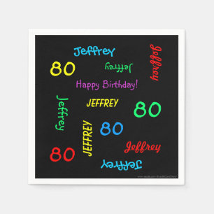 80th Birthday Party Repeating Names, Black Paper Napkin