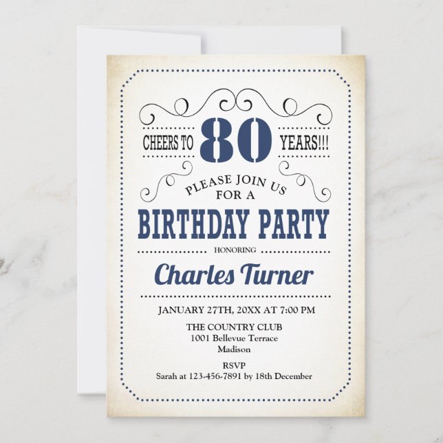 80th Birthday Party - Retro Creamy White and Navy Invitation (Front)