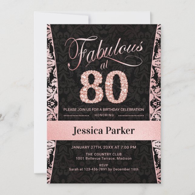 80th Birthday Party - Rose Gold Black Invitation (Front)