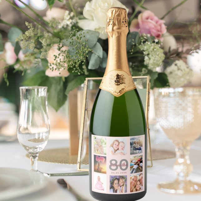 80th birthday party rose gold custom photo collage sparkling wine label (Creator Uploaded)