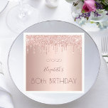 80th birthday party rose gold glitter 80 years napkin<br><div class="desc">A napkin for a girly and glamorous 80th birthday party. A faux rose gold metallic looking background with an elegant faux rose gold glitter drips, paint drip look. The text: The name is written in dark rose gold with a large modern hand lettered style script. Template for name, age 80...</div>