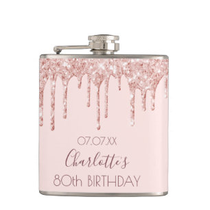 80th birthday party rose gold glitter drips pink hip flask