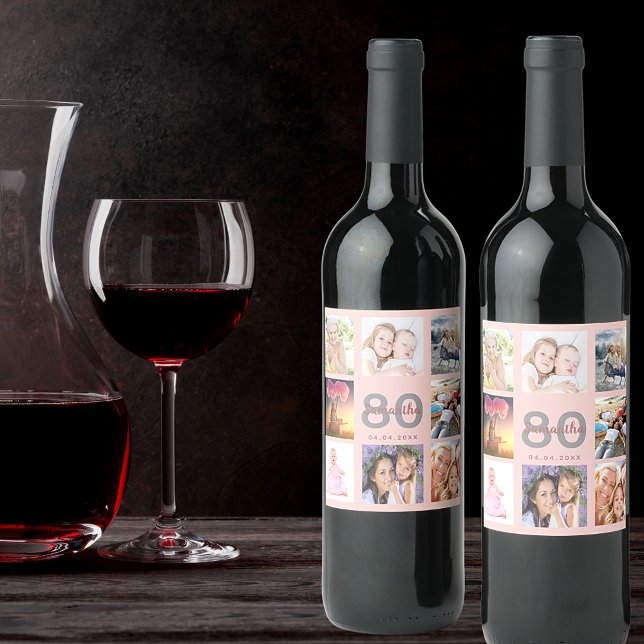 80th birthday party rose gold photo collage wine label (Creator Uploaded)