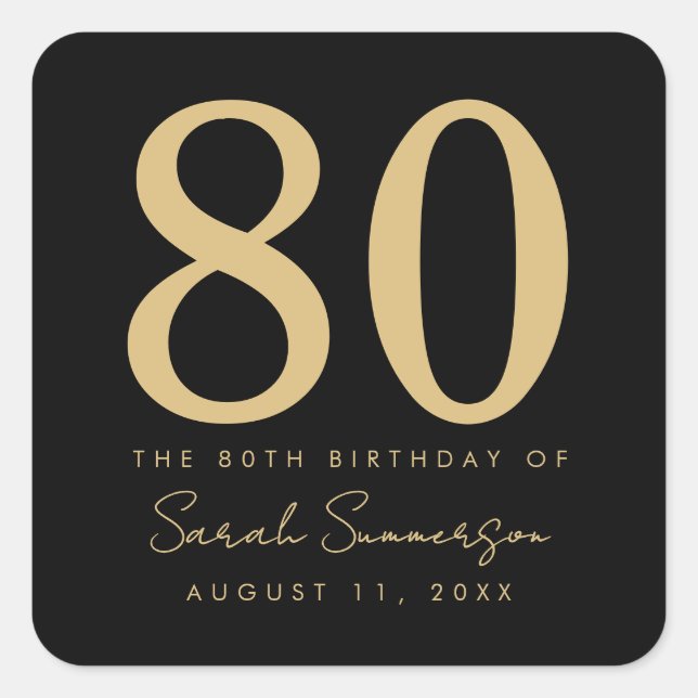 80th Birthday Party Script Black Gold Eighty Square Sticker (Front)