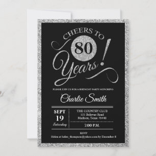 80th Birthday Party - Silver Black ANY AGE Invitation