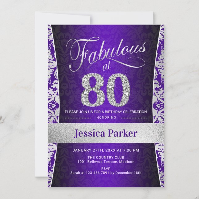 80th Birthday Party - Silver Purple Invitation (Front)