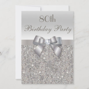 80th Birthday Party Silver Sequins, Bow & Diamond Invitation