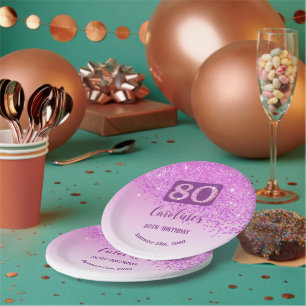 80th Birthday Party Sparkle Pink Glitter Paper Plate