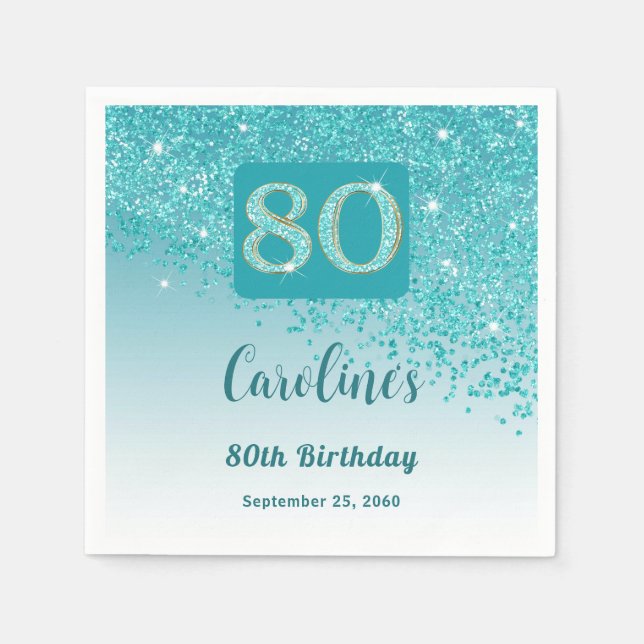 80th Birthday Party Sparkle Teal Blue Glitter Napkin (Front)