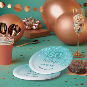 80th Birthday Party Sparkle Teal Blue Glitter Paper Plate