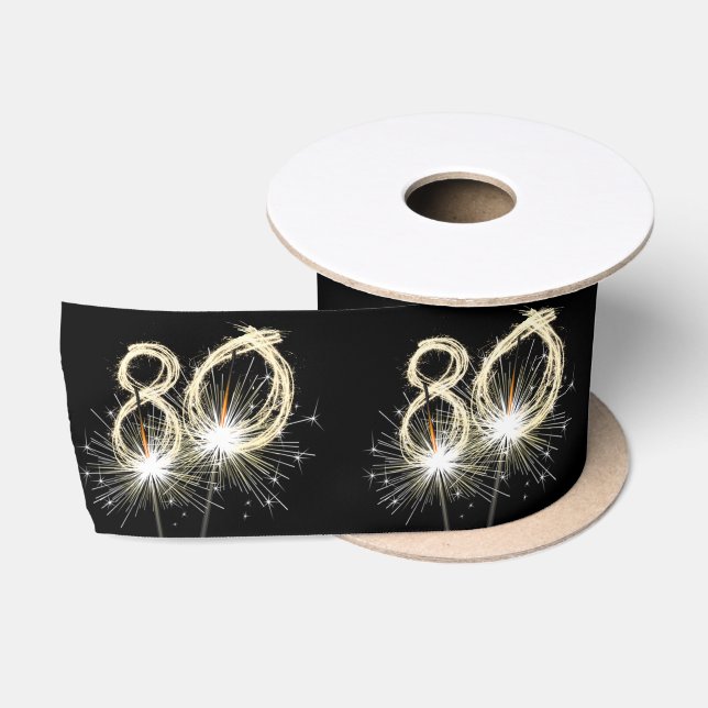 80th Birthday Party Sparklers on Black   Satin Ribbon (Spool)