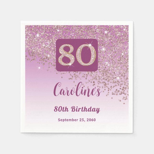 80th Birthday Party Sparkling Rose Gold Glitter Napkin (Front)