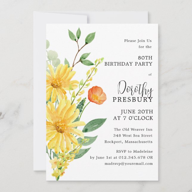 80th Birthday Party Spring Yellow Floral Invitation (Front)