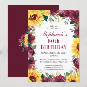 80th Birthday Party Sunflower Burgundy Rose Border Invitation