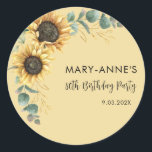 80th Birthday Party Sunflower Floral Classic Round Sticker<br><div class="desc">Celebrate eight decades of life with our vibrant and cheerful custom 80th birthday party sunflower Round Stickers. These eye-catching stickers feature a bold,  golden sunflower design that radiates warmth and joy,  perfectly complementing the celebratory atmosphere of this milestone occasion.</div>