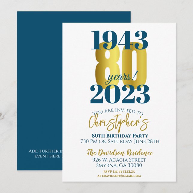 80th Birthday Party Typography Date Invitation (Front/Back)