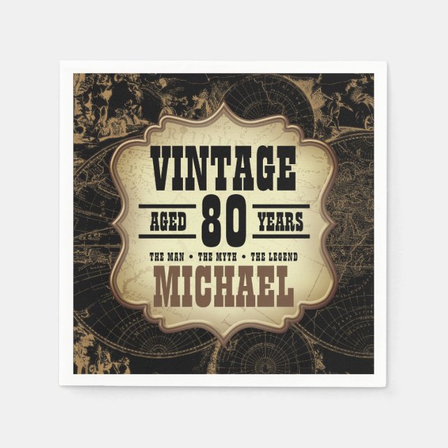 80th Birthday Party Vintage Theme Custom Name Napkin (Front)