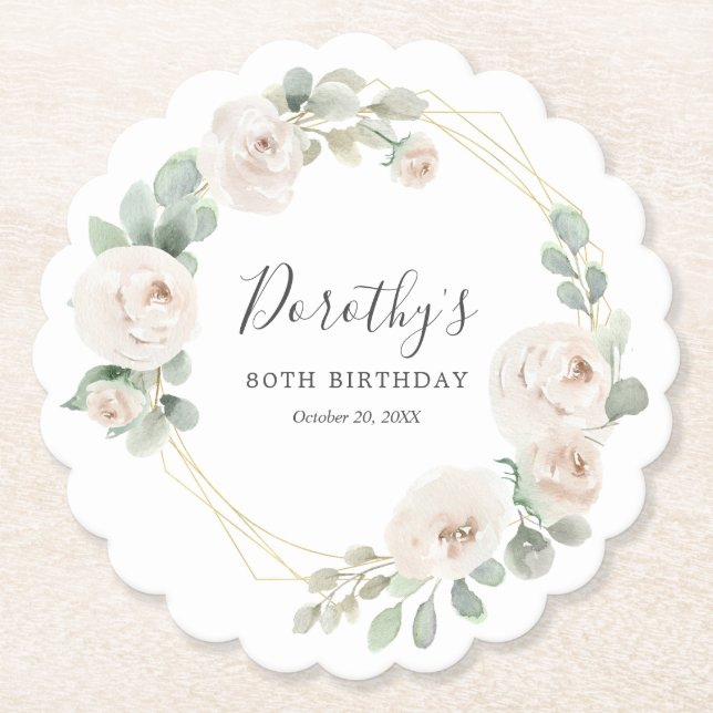 80th Birthday Party White Rose Floral Custom Paper Coaster (Front)
