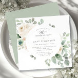 80th Birthday Party White Rose Floral Eucalyptus  Invitation<br><div class="desc">Honour a special woman with this elegant 80th Birthday party invitation. White roses nestled in soft sage green eucalyptus leaves form a modern botanical frame. All of the text can be edited,  so you can describe your special celebration perfectly.</div>