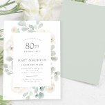 80th Birthday Party White Rose Floral Invitation<br><div class="desc">Honour a special woman with this elegant 80th Birthday party invitation. White roses nestled in soft sage green eucalyptus leaves form a modern botanical frame. All of the text can be edited,  so you can describe your special celebration perfectly</div>