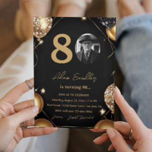 80th birthday party with balloons and glitter invitation