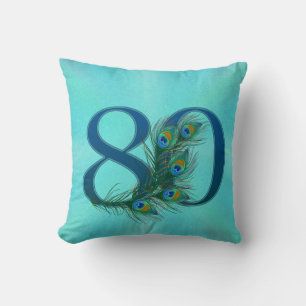 80th Birthday Peacock Feather Number Throw Pillow