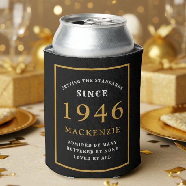 80th Birthday Personalized "Setting the Standards" Can Cooler (80th can cooler on a party table.)