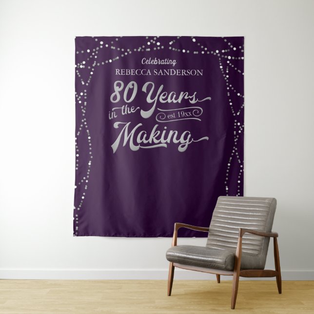 80th Birthday Photo Backdrop Purple Silver Tapestry (In Situ)