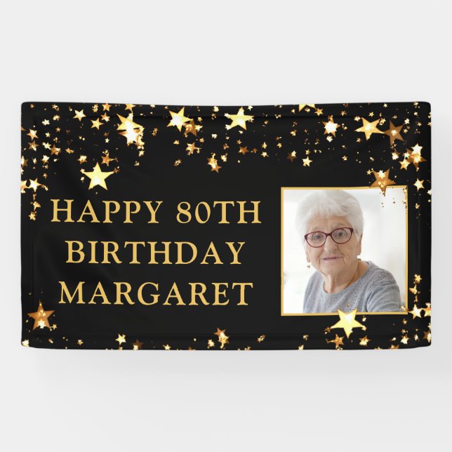 80th Birthday Photo Black Gold Stars Personalized Banner (Horizontal)
