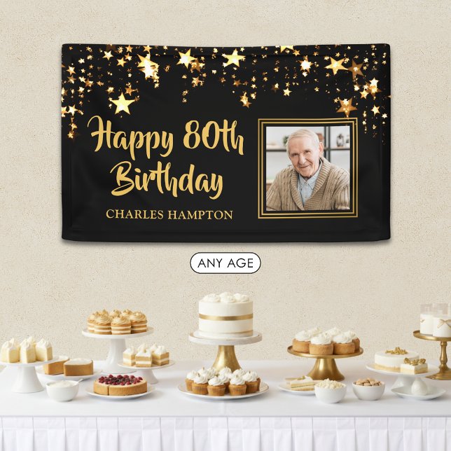 80th Birthday Photo Black Gold Stars Personalized Banner (Creator Uploaded)