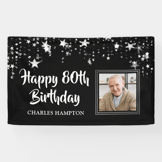 80th Birthday Photo Black White Silver Stars Banner (Horizontal)