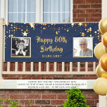 80th Birthday Photo Blue Gold Stars Personalized Banner<br><div class="desc">Honour and celebrate any age birthday (shown for an 80th birthday) and/or welcome party guests with this banner sign featuring two photos (perhaps THEN and NOW photos) and your custom text in your choice of font styles and colours and background colour in EDIT (shown with HAPPY # BIRTHDAY NAME) with...</div>