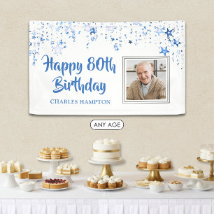 80th Birthday Photo Blue Stars Personalized Banner
