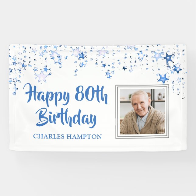 80th Birthday Photo Blue Stars Personalized Banner (Horizontal)