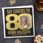 80th birthday photo cheers black and gold napkin<br><div class="desc">EIghtieth birthday photo say cheers to 80 years party napkins in modern simple elegant gold on black. Great idea for adding some stylish simple fun to a 80th birthday party. Personalize with your own photo in the 0 of 80. Reads Say Cheers to 80 years and then can be personalized...</div>