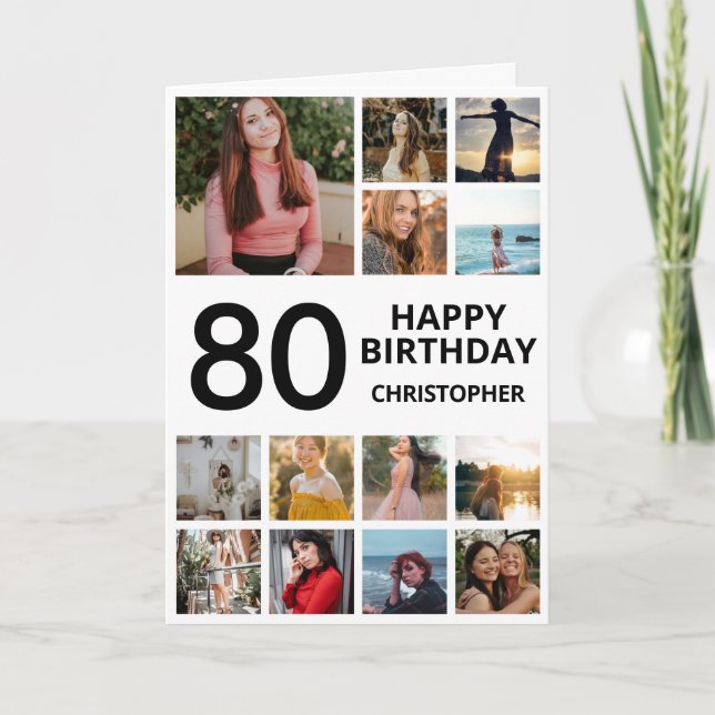 80th Birthday Photo Collage 13 Photos Black White Card (Front)