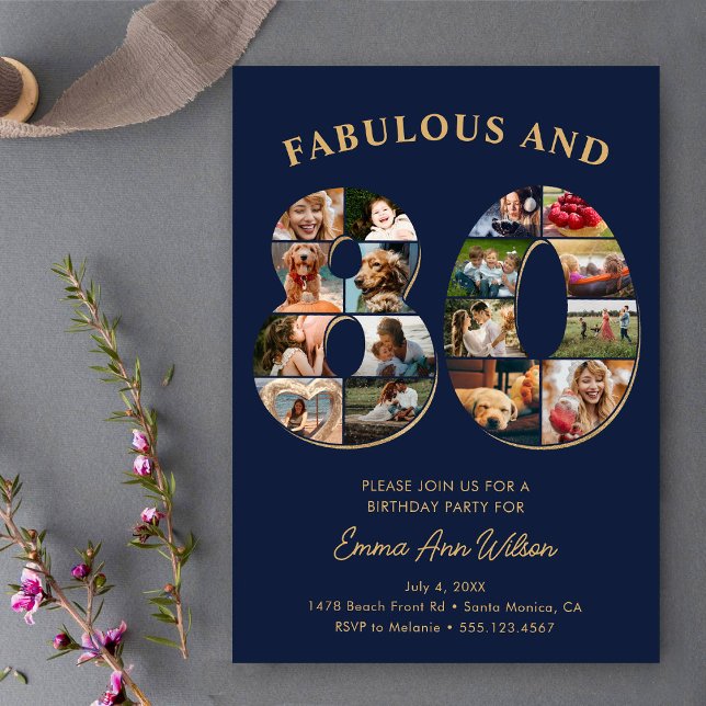 80th Birthday Photo Collage Elegant and Timeless Invitation (Creator Uploaded)