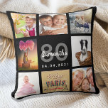 80th birthday photo collage woman black throw pillow<br><div class="desc">A unique gift for a womans 80th birthday, celebrating her life with a collage of 8 of your own photos, pictures. Personalize and add her name, age 80 and a date. A chic black background. Grey and white letters and numbers. The name is written with a modern hand lettered style...</div>