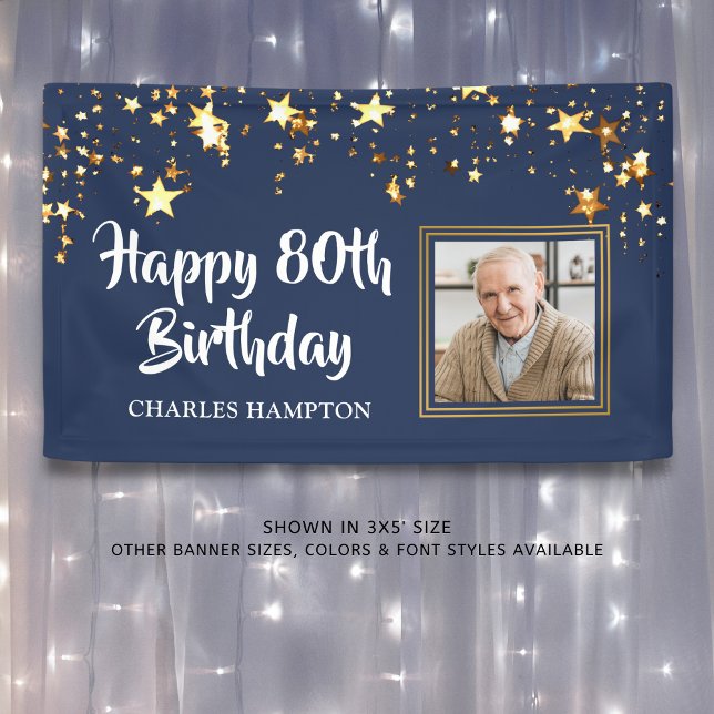 80th Birthday Photo Gold Stars Blue Personalized Banner (Creator Uploaded)