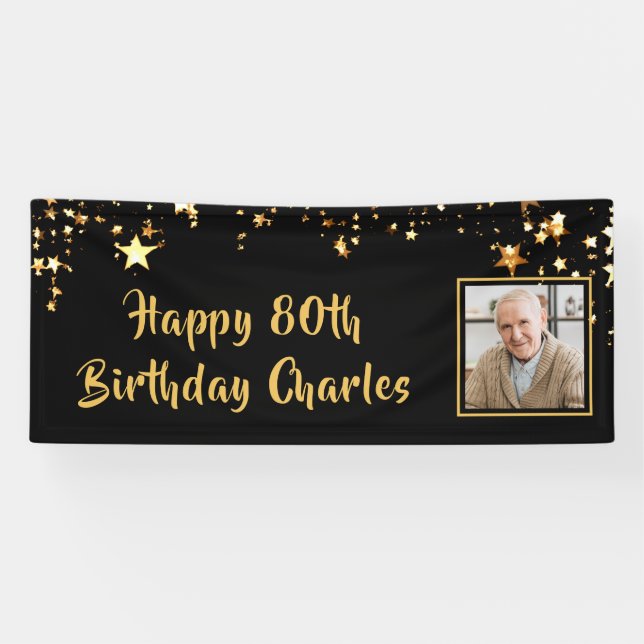 80th Birthday Photo Gold Stars Personalized Black Banner (Horizontal)