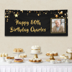 80th Birthday Photo Gold Stars Personalized Black Banner