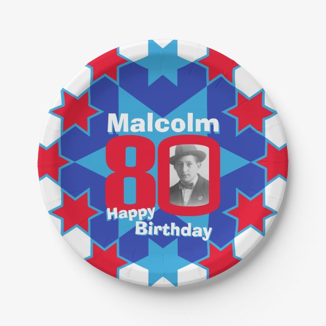 80th birthday photo name blue star paper plate (Front)