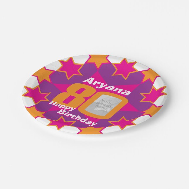 80th birthday photo name pink star paper plate (Angled)