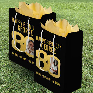 80th Birthday photo now and then black gold legend Medium Gift Bag